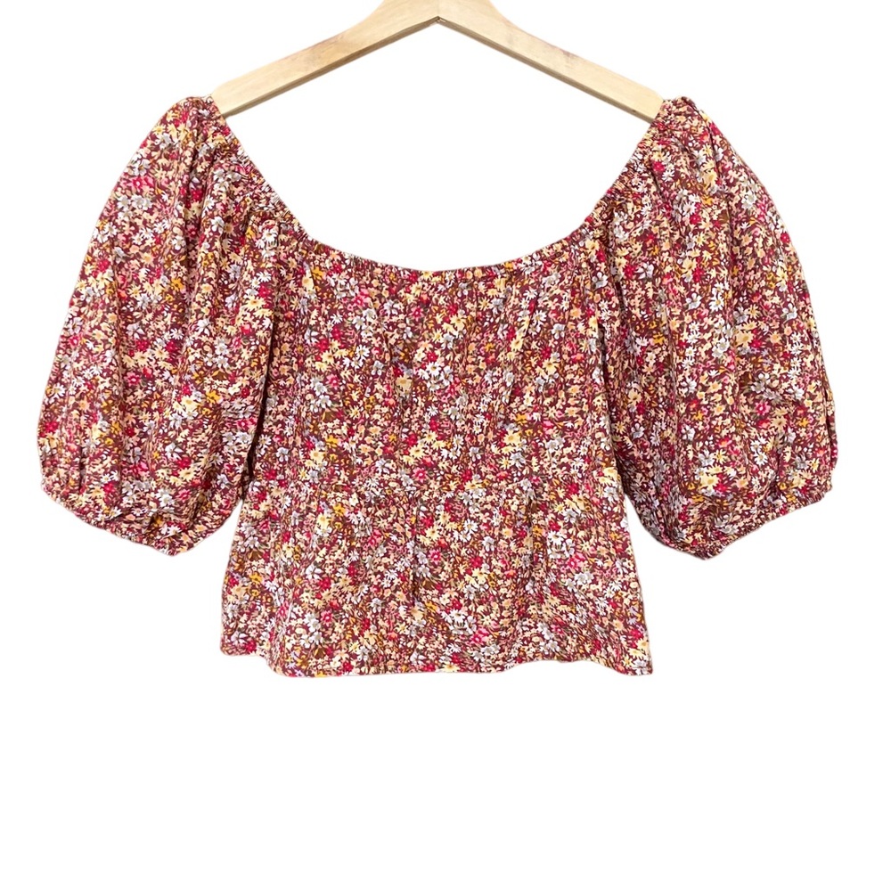 SIM & SAM NWT Cotton Ditsy Floral Crop Top Blouse, Puff Sleeves, Size Medium